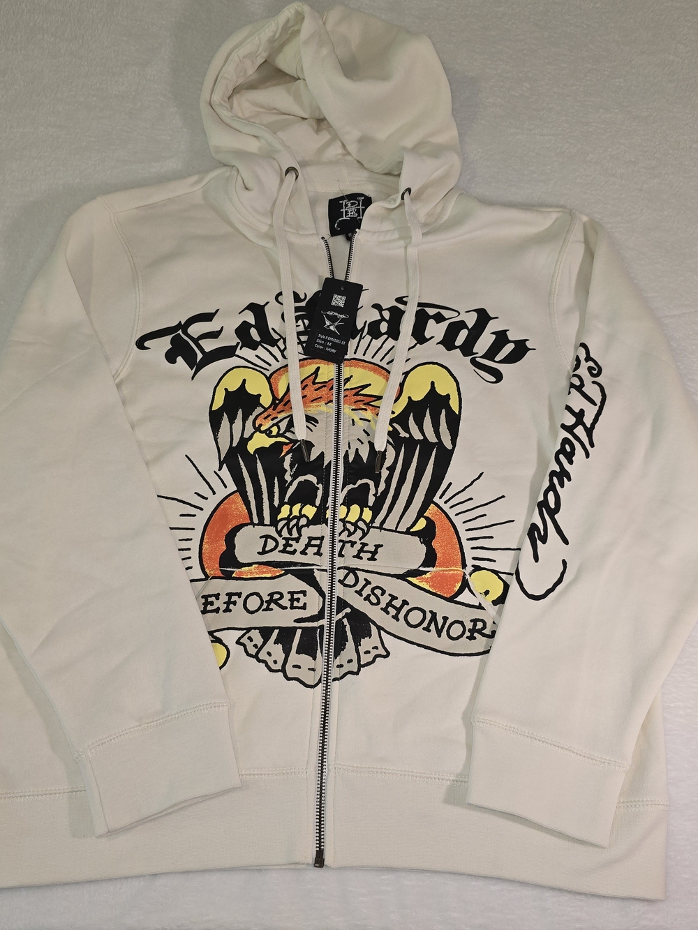 Ed Hardy Unisex Zip Up Cream Jacket.  Death Before Dishonor Size M NWT  Tattoo